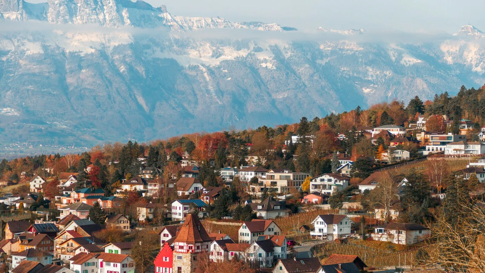 Houses below the mountains in Liechtenstein's Rhine valley