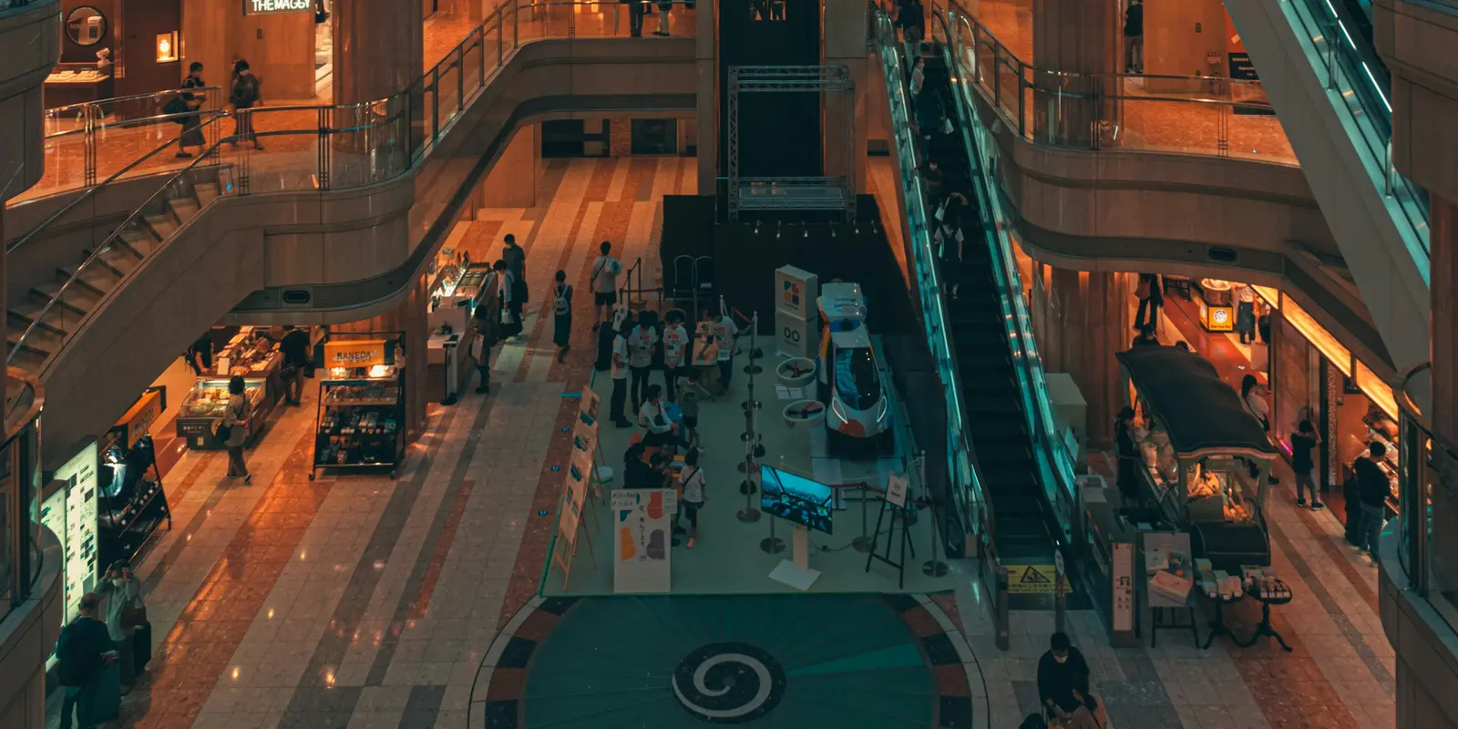 A terminal shopping area at Haneda Airport, Tokyo High angle view of a shopping and dining area inside Haneda Airport's terminal