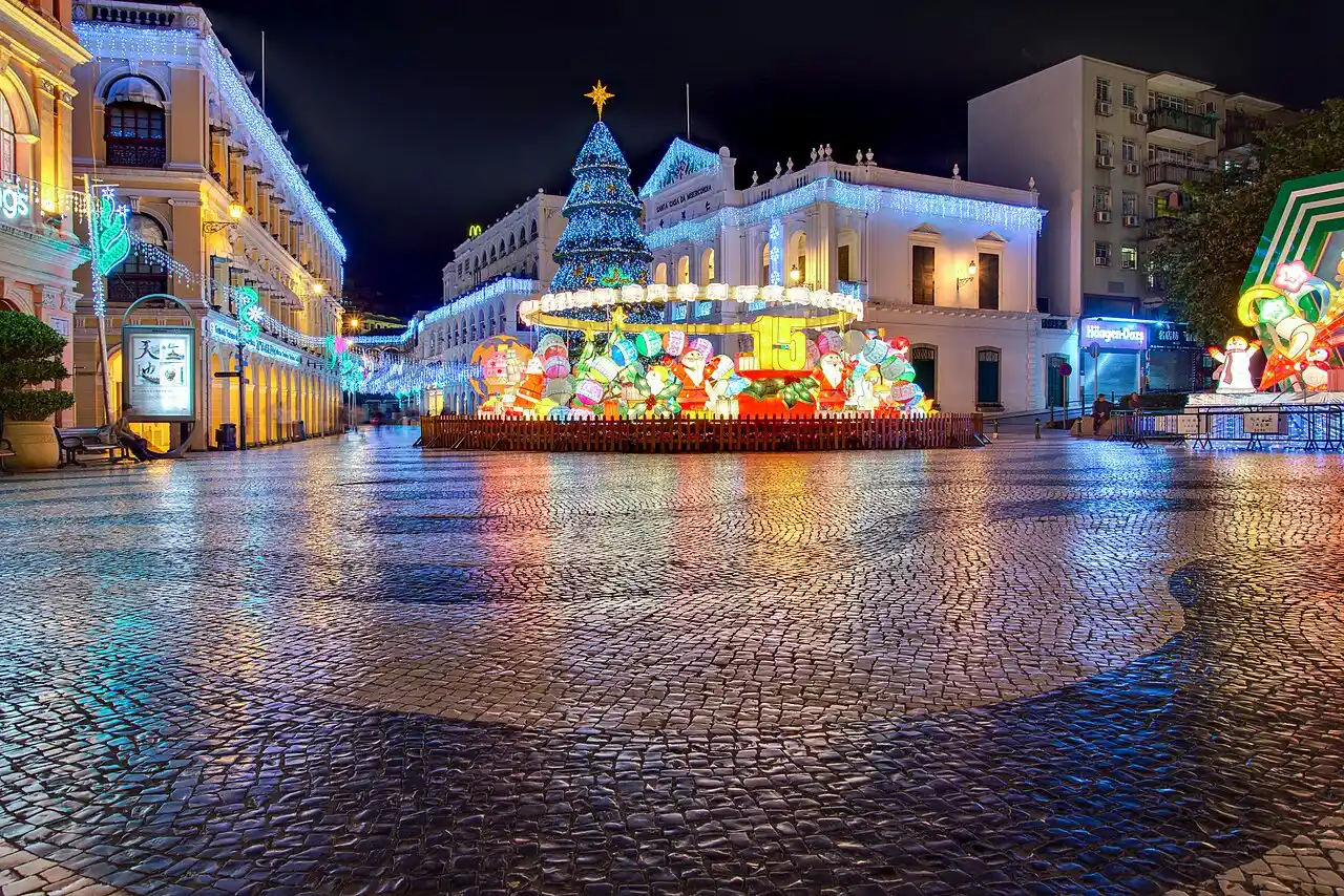 Senado Square in Macau at night with festive lights