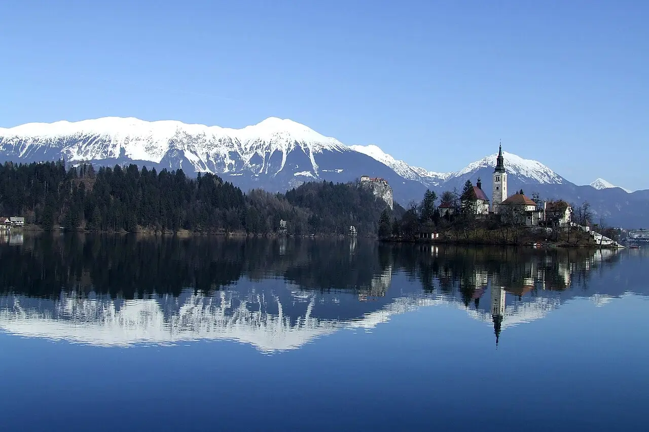 Lake Bled with its island church and reflected mountains