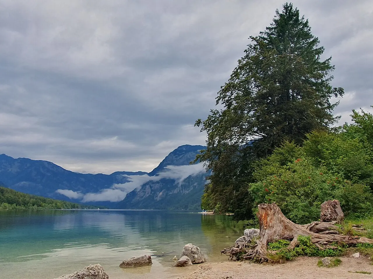 Lake Bohinj shoreline at Ribčev Laz with trees and mountains