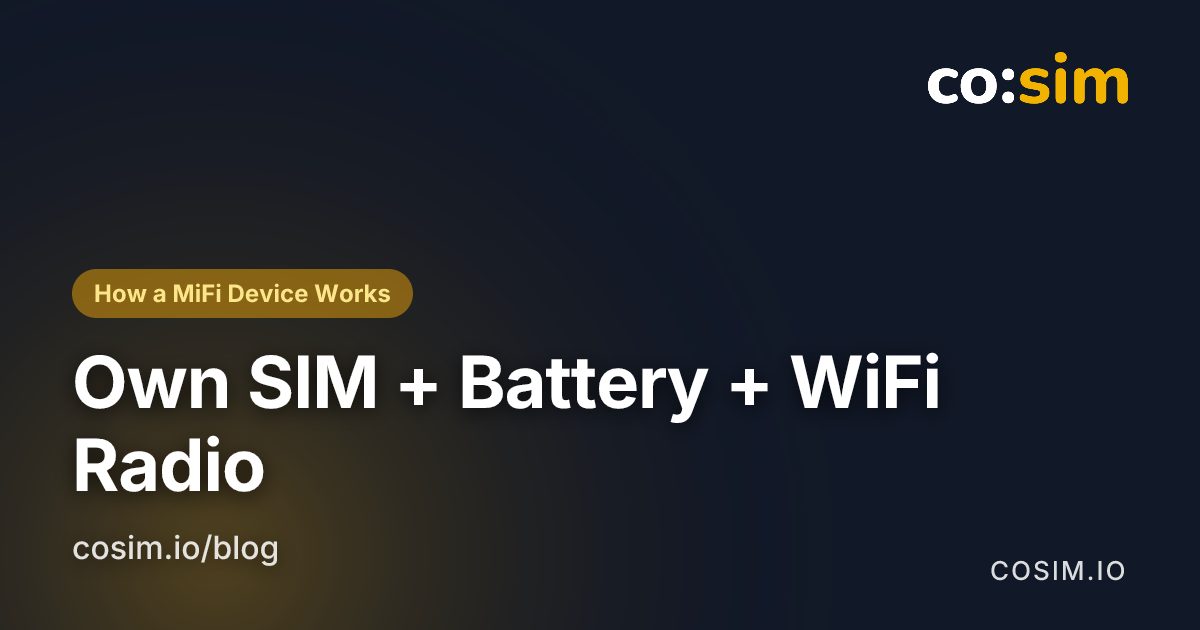 Diagrammartige Karte, die die drei Bestandteile eines MiFi-Geräts zeigt: eine eigene SIM-Karte, einen Akku und ein WLAN-Modul, das mobile Daten in ein lokales Netzwerk umwandelt