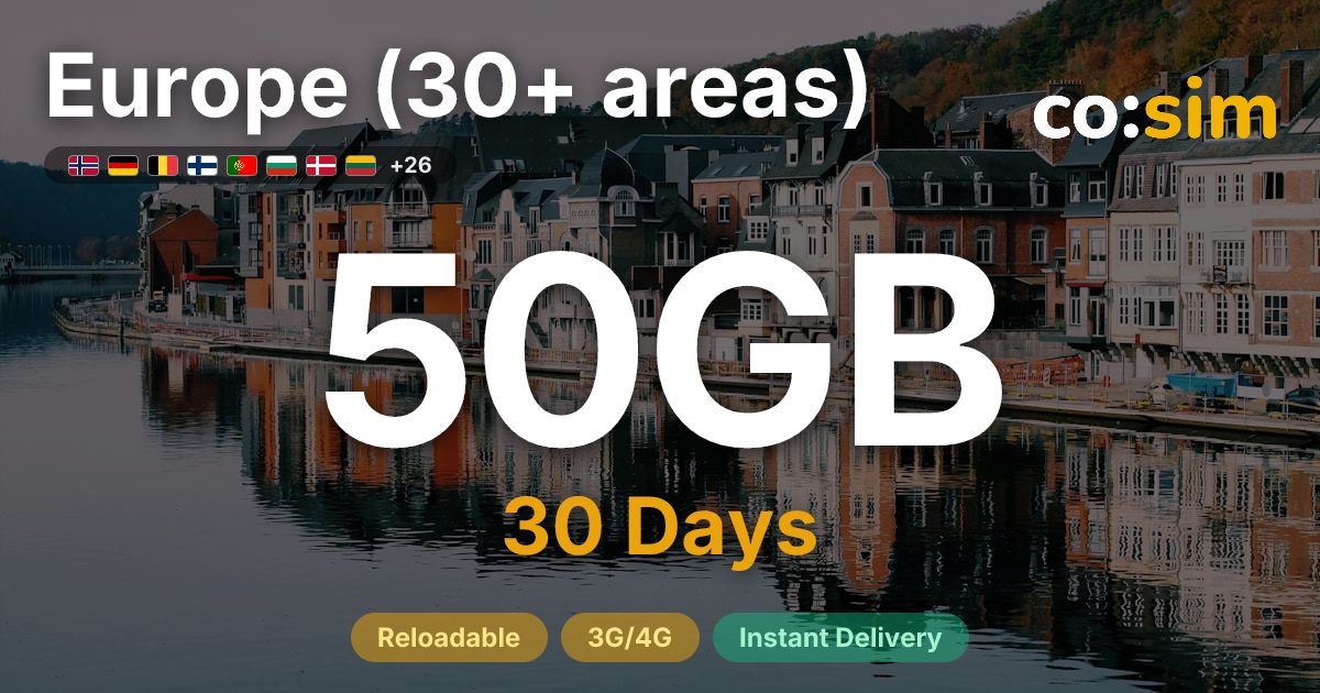 Europe (30+ areas) eSIM — 50GB