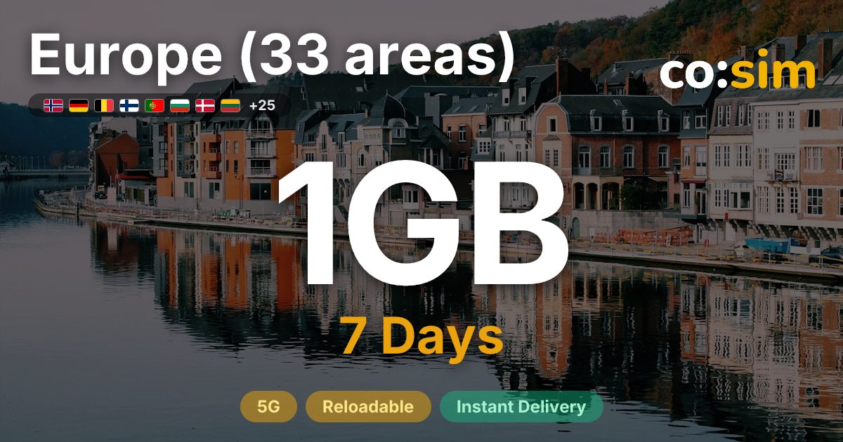 Europe (33 areas) eSIM — 1GB