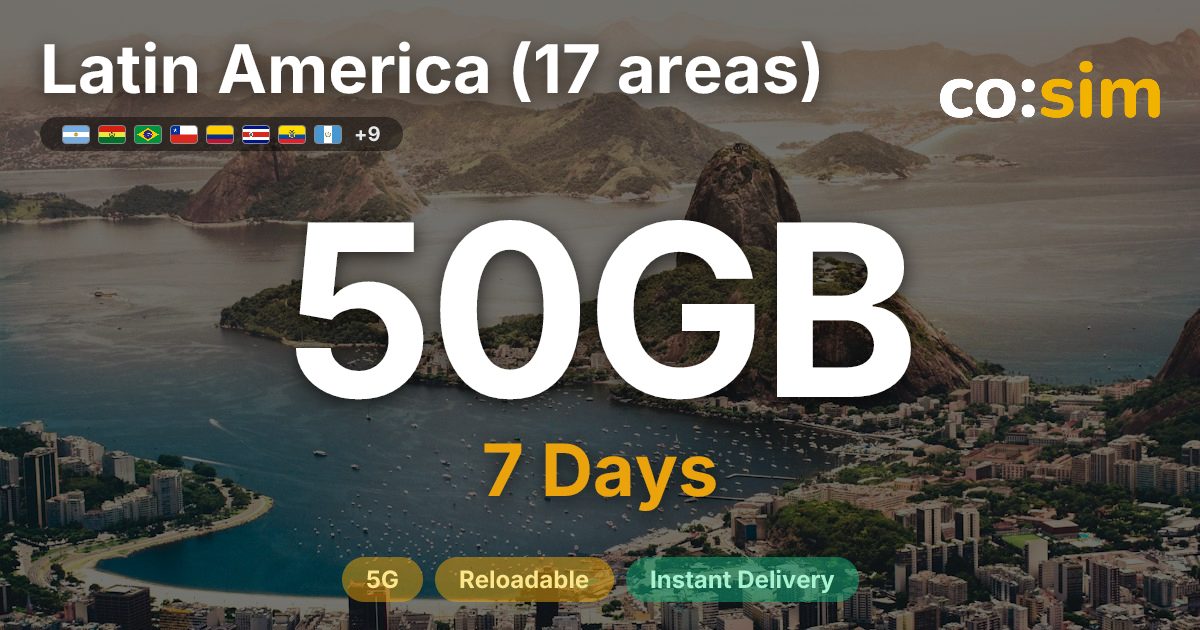 Latin America (17 areas) eSIM โ 50GB