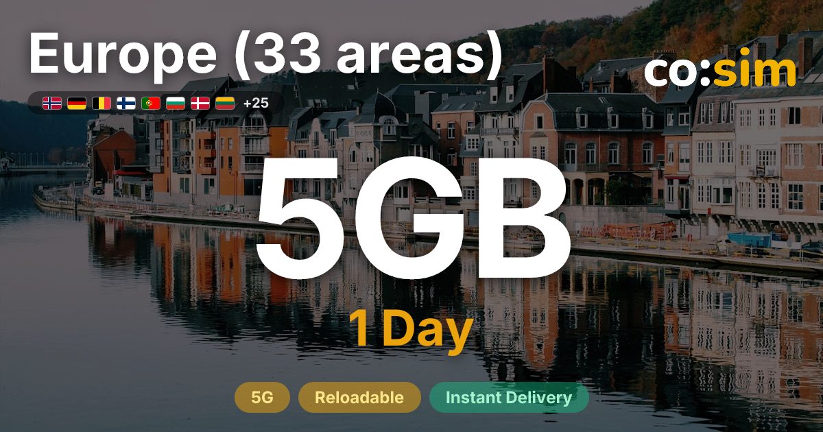 Europe (33 areas) eSIM — 5GB+∞