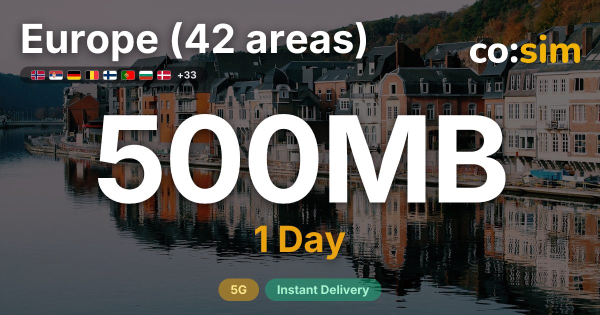 Europe (42 areas) eSIM — 500MB+∞