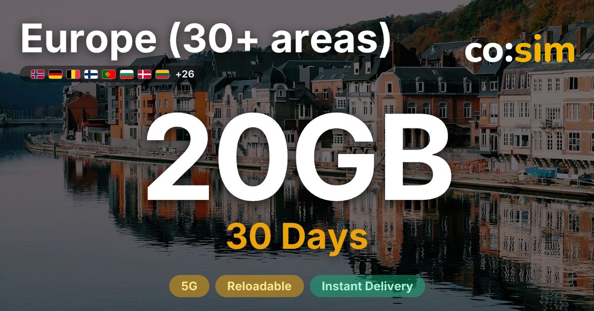 Europe (30+ areas) eSIM — 20GB