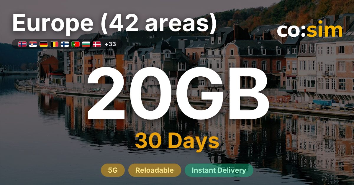 Europe (42 areas) eSIM — 20GB