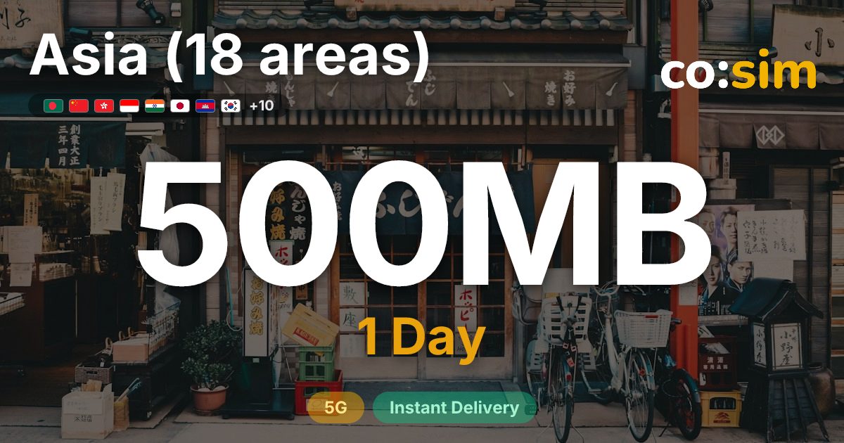 Asia (18 áreas) eSIM — 500MB+∞