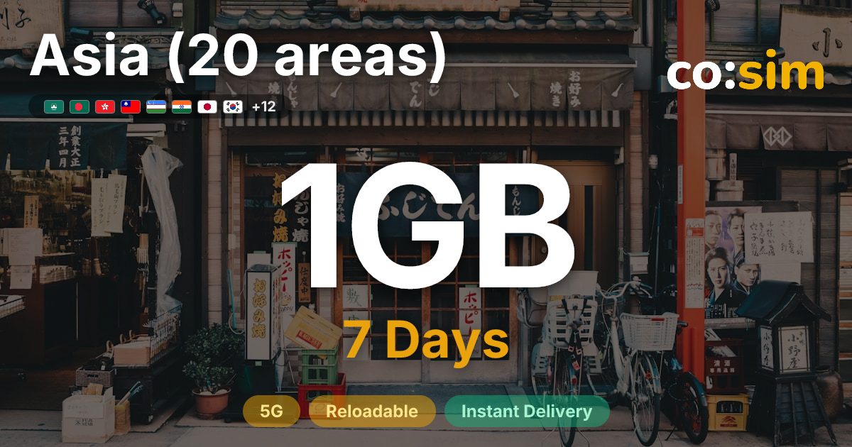 Asia (20 areas) eSIM — 1GB