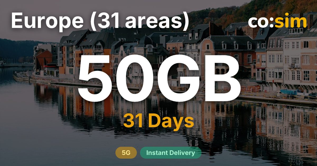 Europe (31 areas) eSIM — 50GB