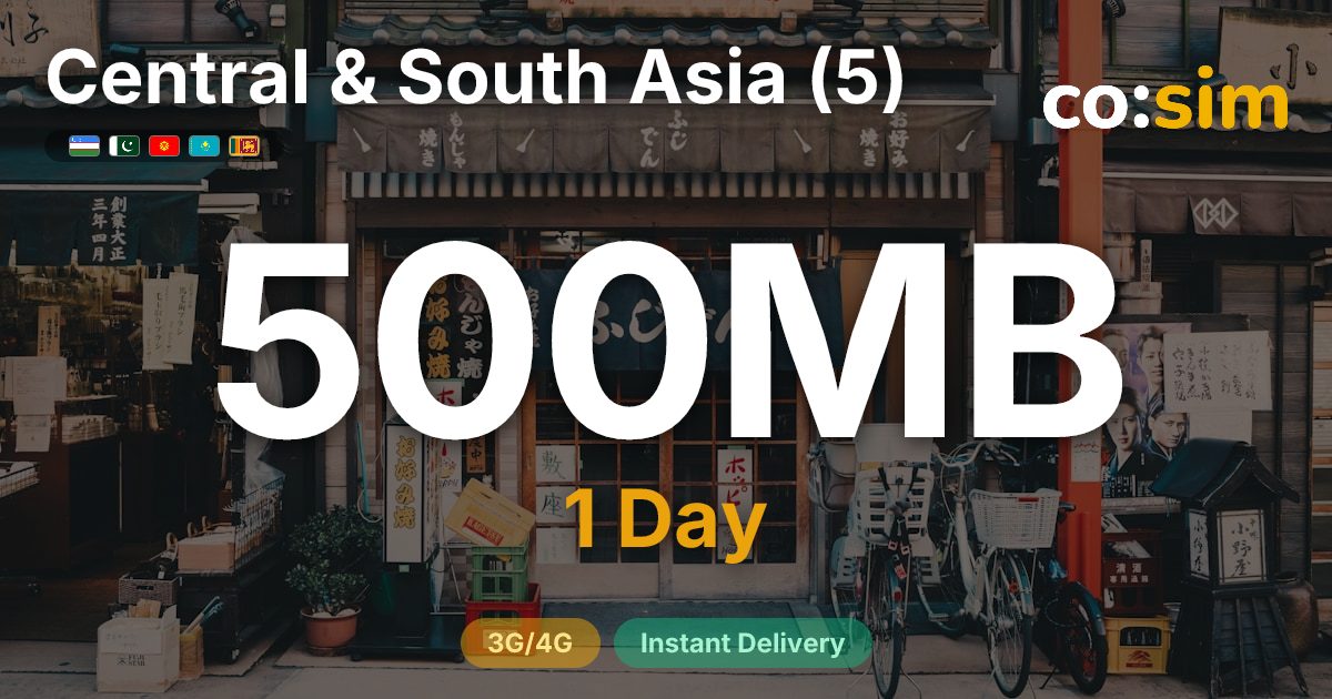 Central & South Asia (5) eSIM — 500MB+∞