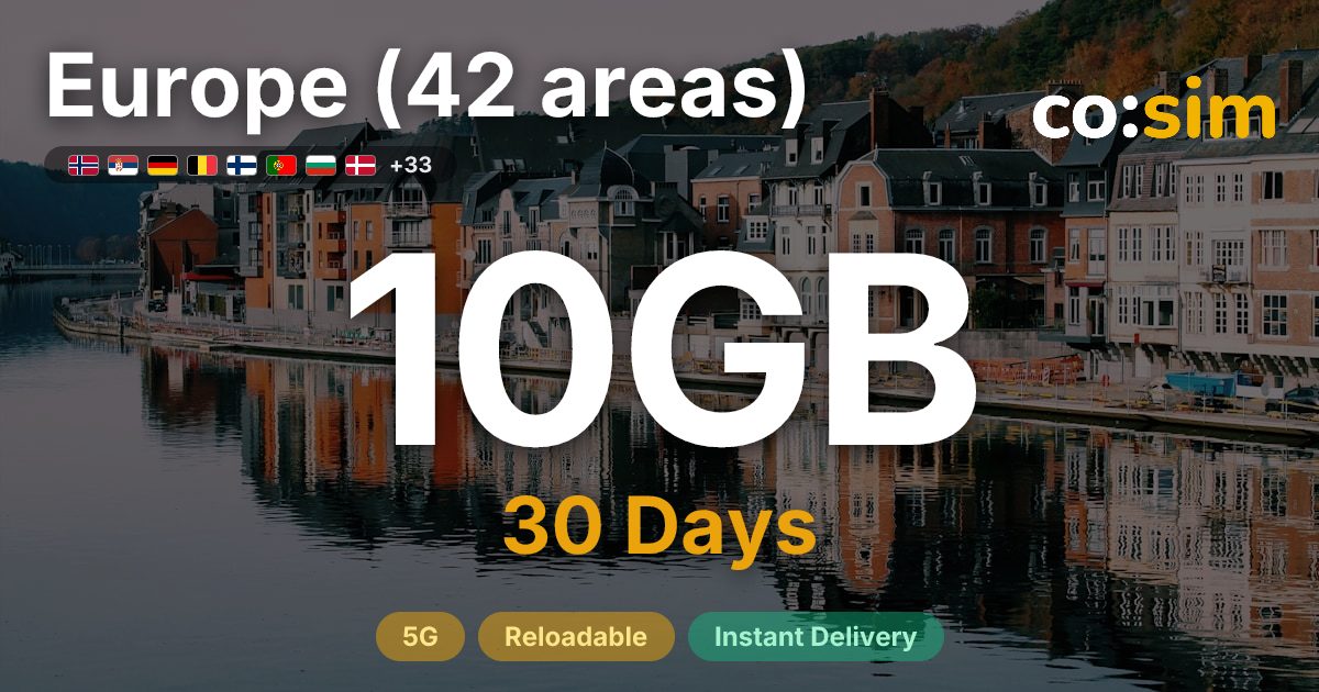 Europe (42 areas) eSIM — 10GB