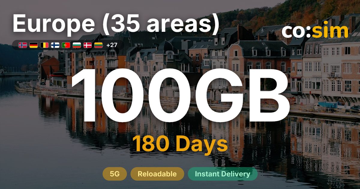 Europe (35 areas) eSIM — 100GB
