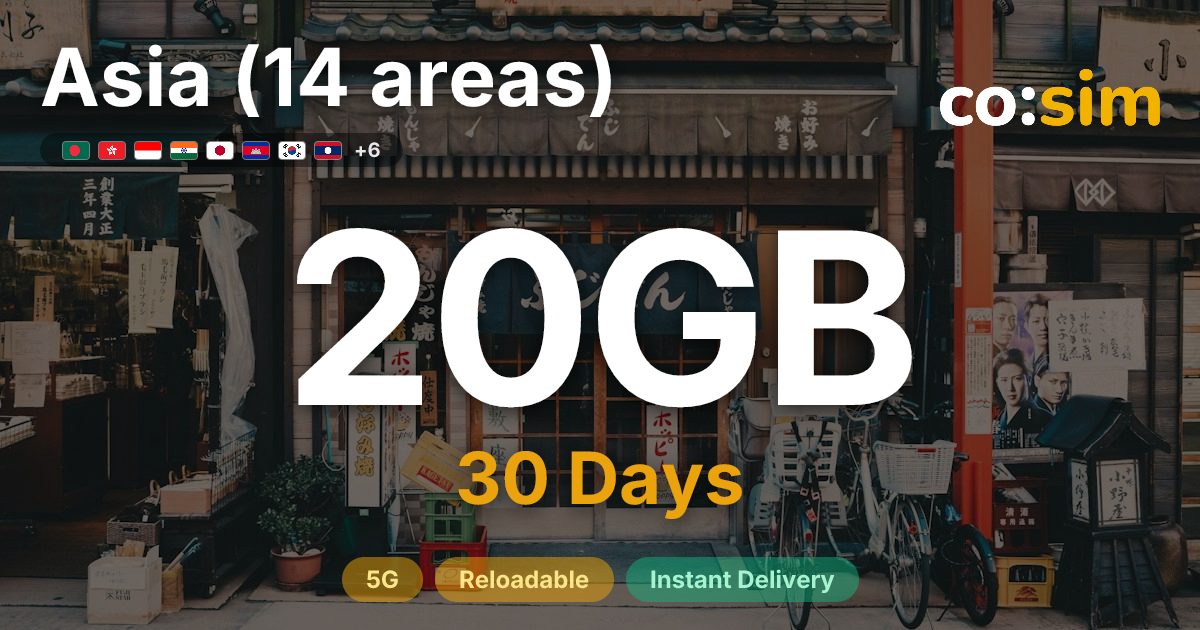 Asien (14 Gebiete) eSIM — 20GB