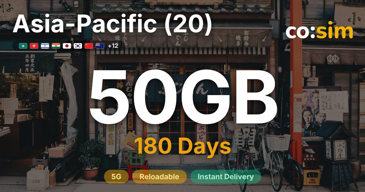 Asia-Pacific (20, incl. AU/NZ) eSIM — 50GB