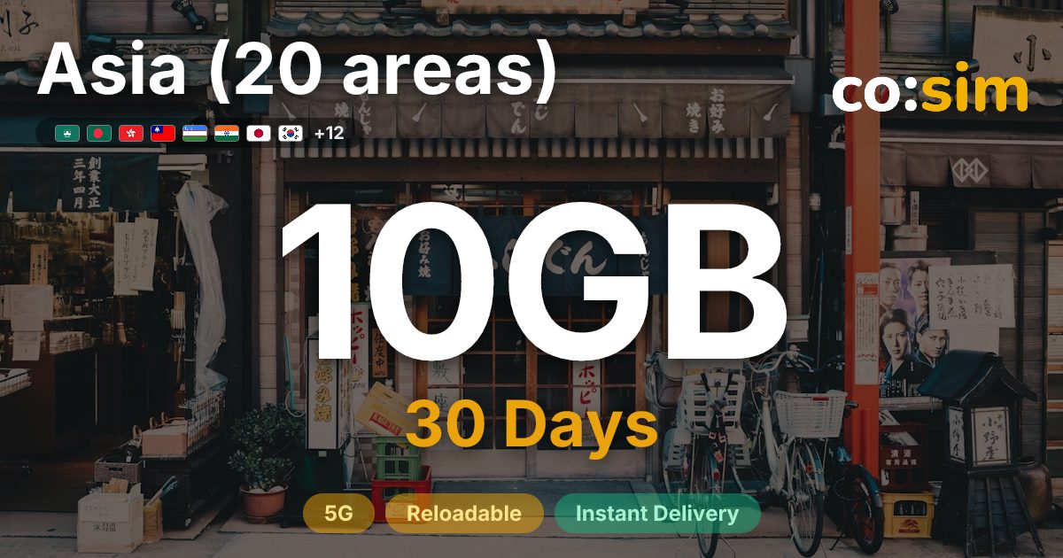 Asia (20 areas) eSIM — 10GB