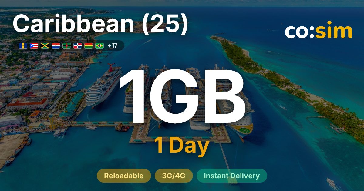 Caribbean (25 areas) eSIM — 1GB+∞