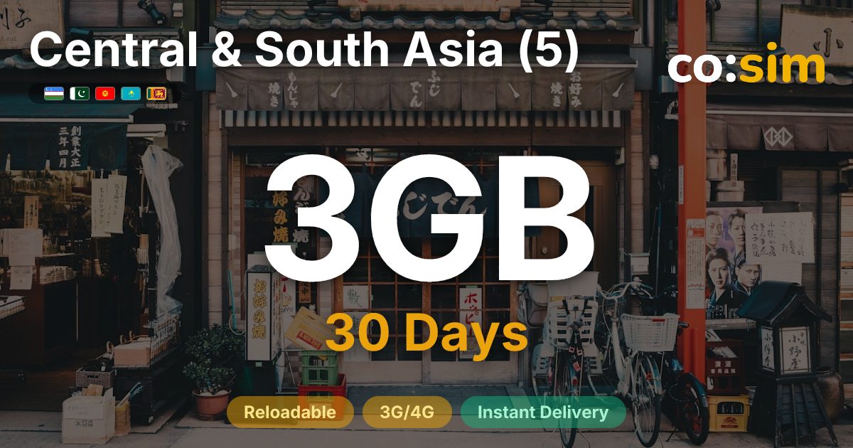 Central & South Asia (5) eSIM — 3GB