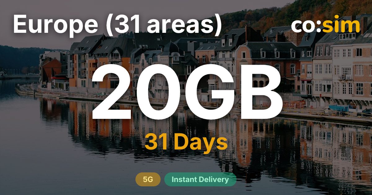 Europe (31 areas) eSIM — 20GB