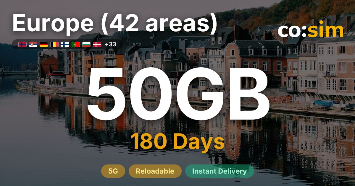 Europe (42 areas) eSIM — 50GB