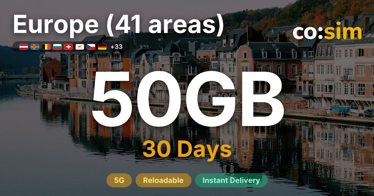 Europe (41 areas) eSIM โ 50GB