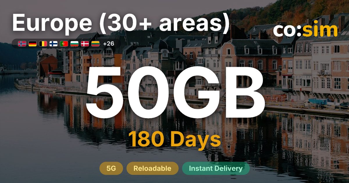 Europe (30+ areas) eSIM — 50GB