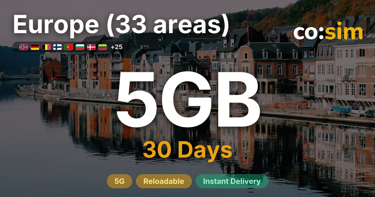 Europe (33 areas) eSIM — 5GB