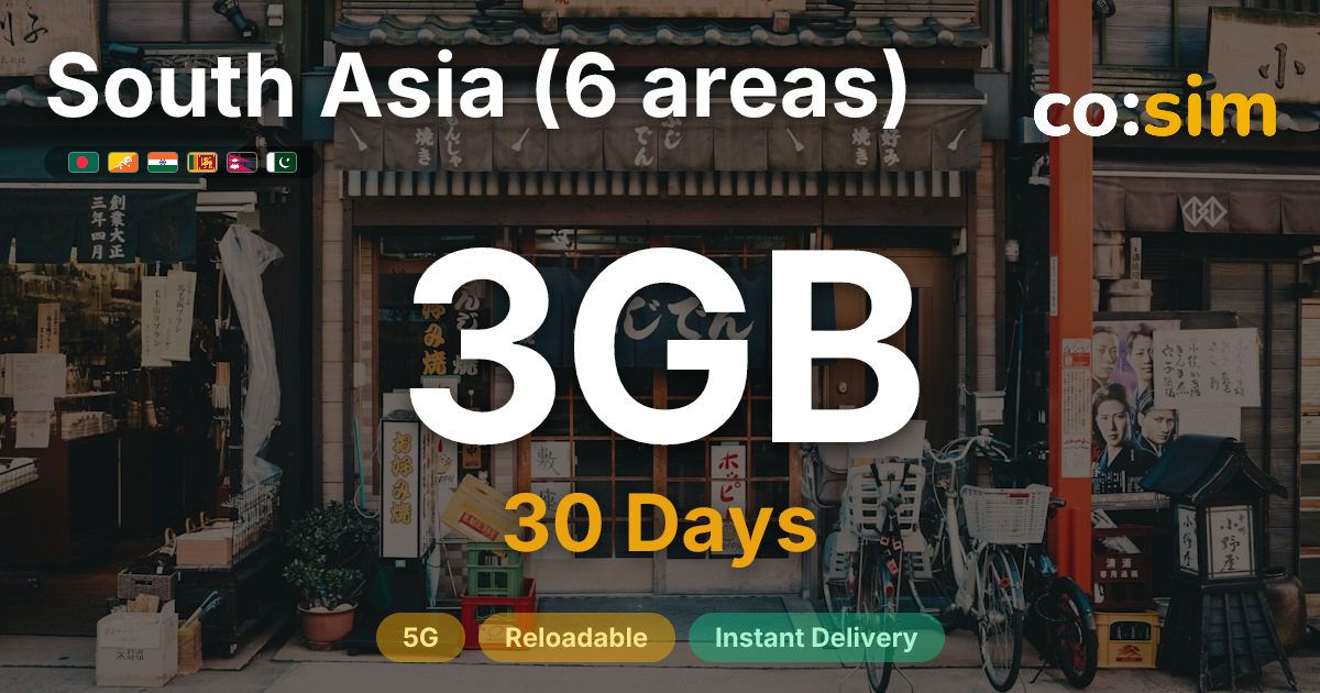 Asia Meridional (6 áreas) eSIM — 3GB