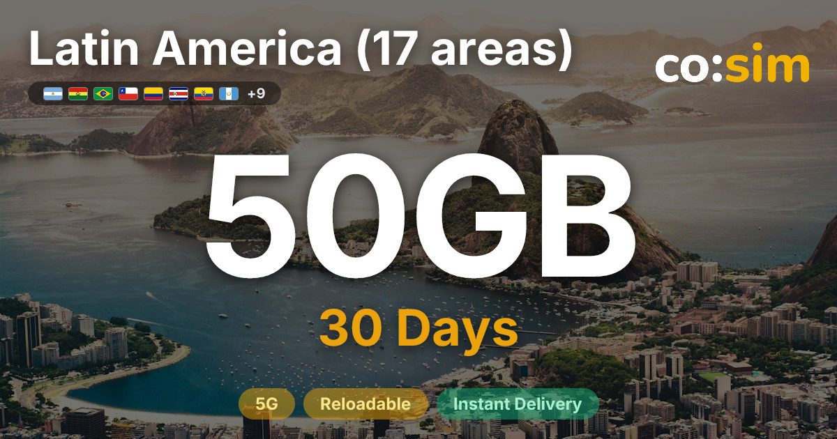 Latin America (17 areas) eSIM — 50GB