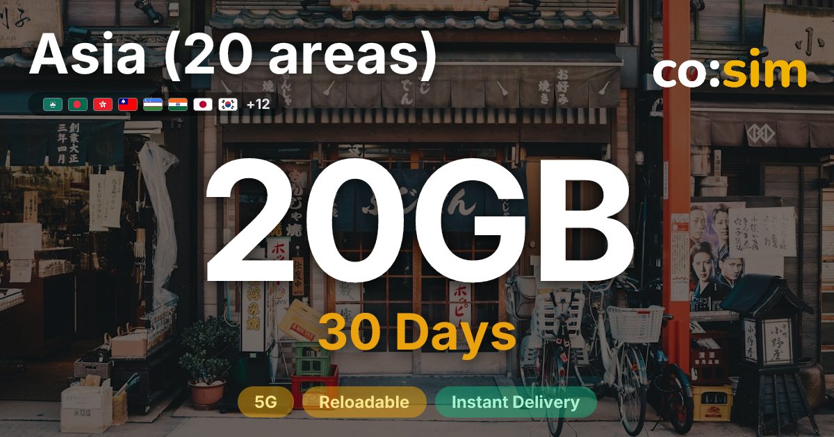 Asia (20 areas) eSIM — 20GB