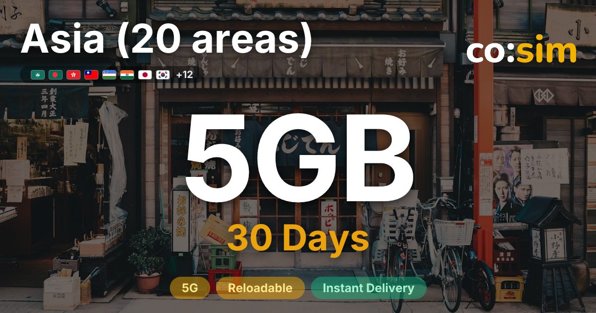 Asia (20 areas) eSIM — 5GB