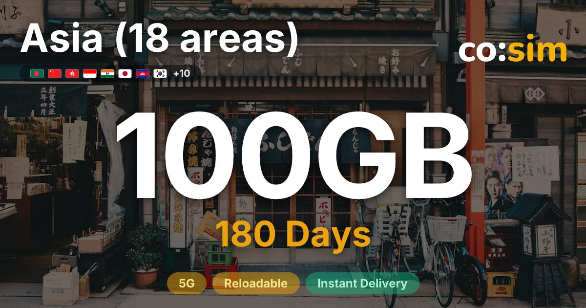 Asia (18 areas) eSIM — 100GB