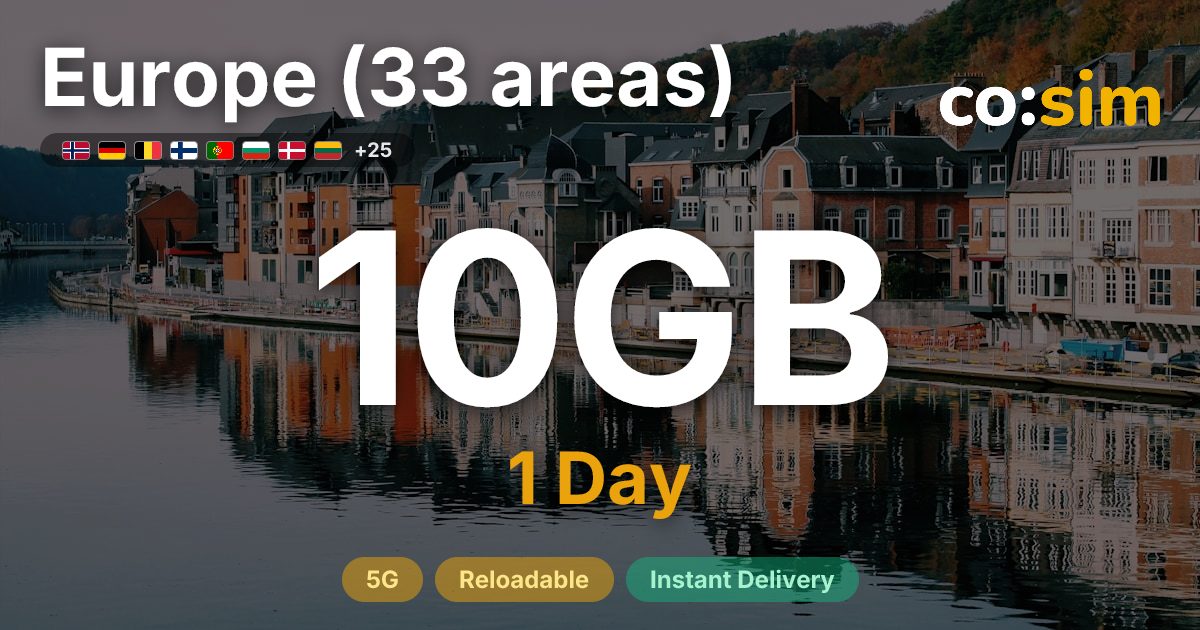 Europe (33 areas) eSIM — 10GB+∞